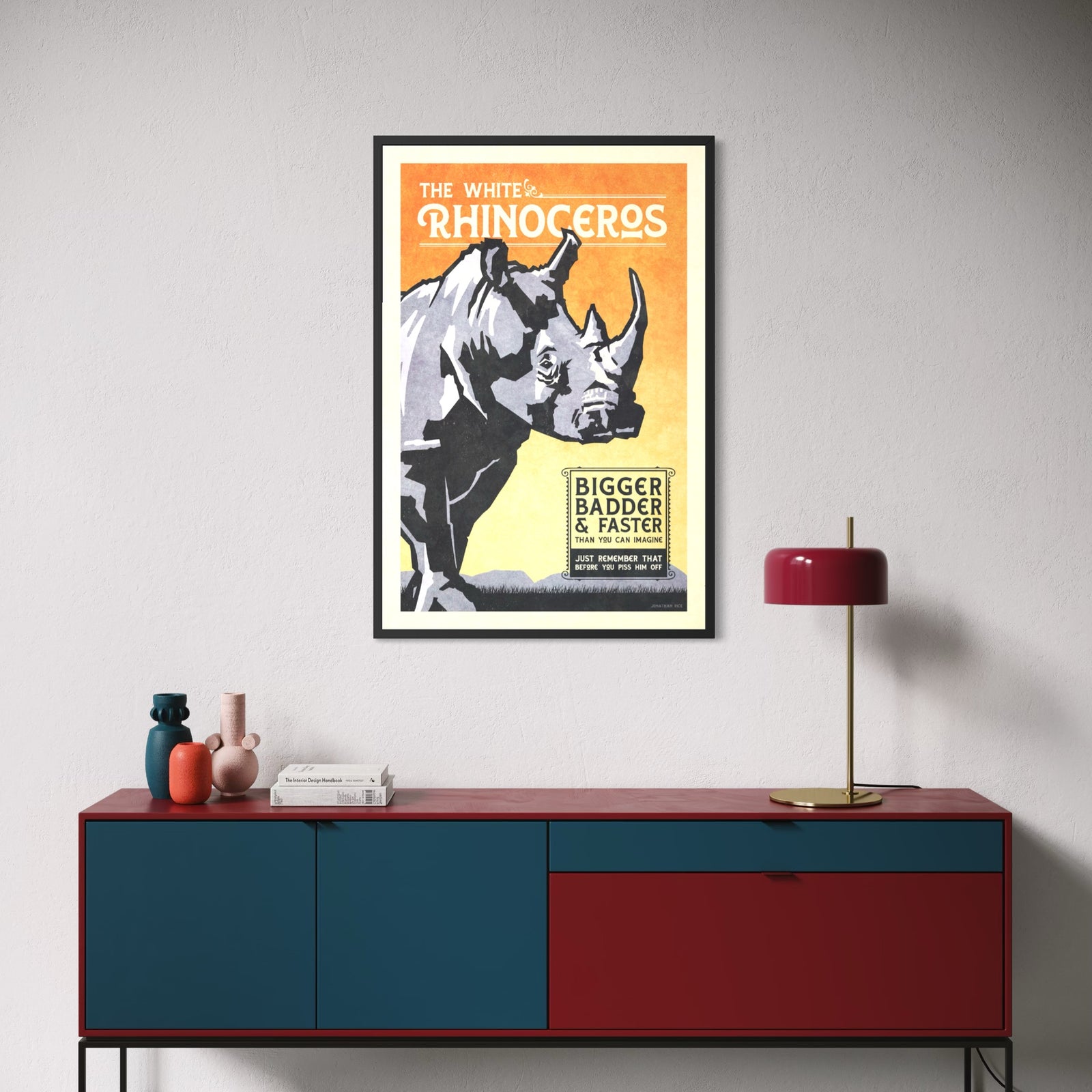 Vintage White Rhinoceros poster with bold graphic wildlife illustration and retro typography