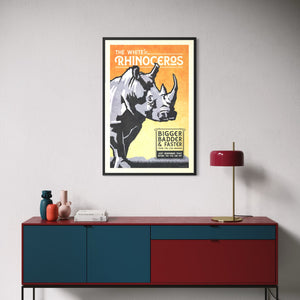 White Rhinoceros wildlife poster framed above a modern credenza
