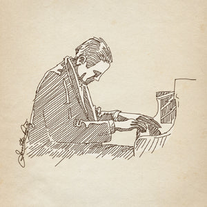 Original digital pen-and-ink sketch by Jonathan Rice depicting a seated male pianist leaning forward as he plays a grand piano.