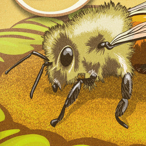 Detail of retro bee illustration poster in warm golden and green tones
