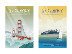 Unframed San Francisco gallery set of two vintage travel posters featuring the Golden Gate Bridge and Alcatraz Island