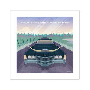 Unframed 1970 Cadillac Eldorado vintage Texas car art print featuring a classic Cadillac with longhorns