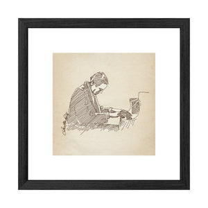 Piano Man vintage-inspired digital pianist sketch presented as an 8x8 fine art print, matted in a 12x12 black frame.