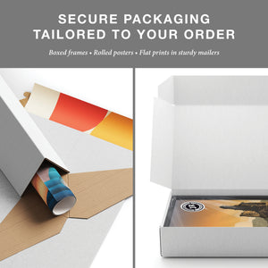 Secure packaging for boxed frames, rolled posters, and flat prints
