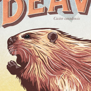 Retro wildlife artwork depicting an American Beaver showing detials of fur and overall texture.