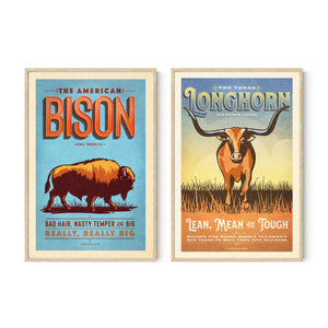 Bison and Longhorn vintage wildlife prints displayed in natural oak wood frames