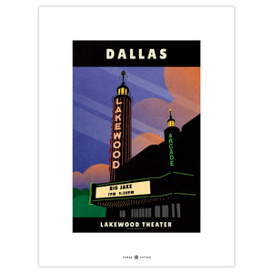 Vintage-style Dallas Lakewood Theater poster featuring the historic Art Deco theater, glowing neon marquee, and iconic tower in East Dallas, Texas.