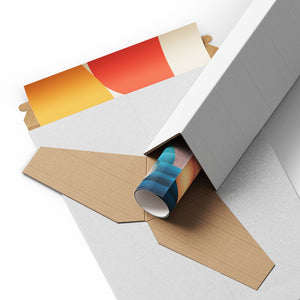 Rolled art print partially removed from a sturdy cardboard shipping tube with protective kraft paper insert
