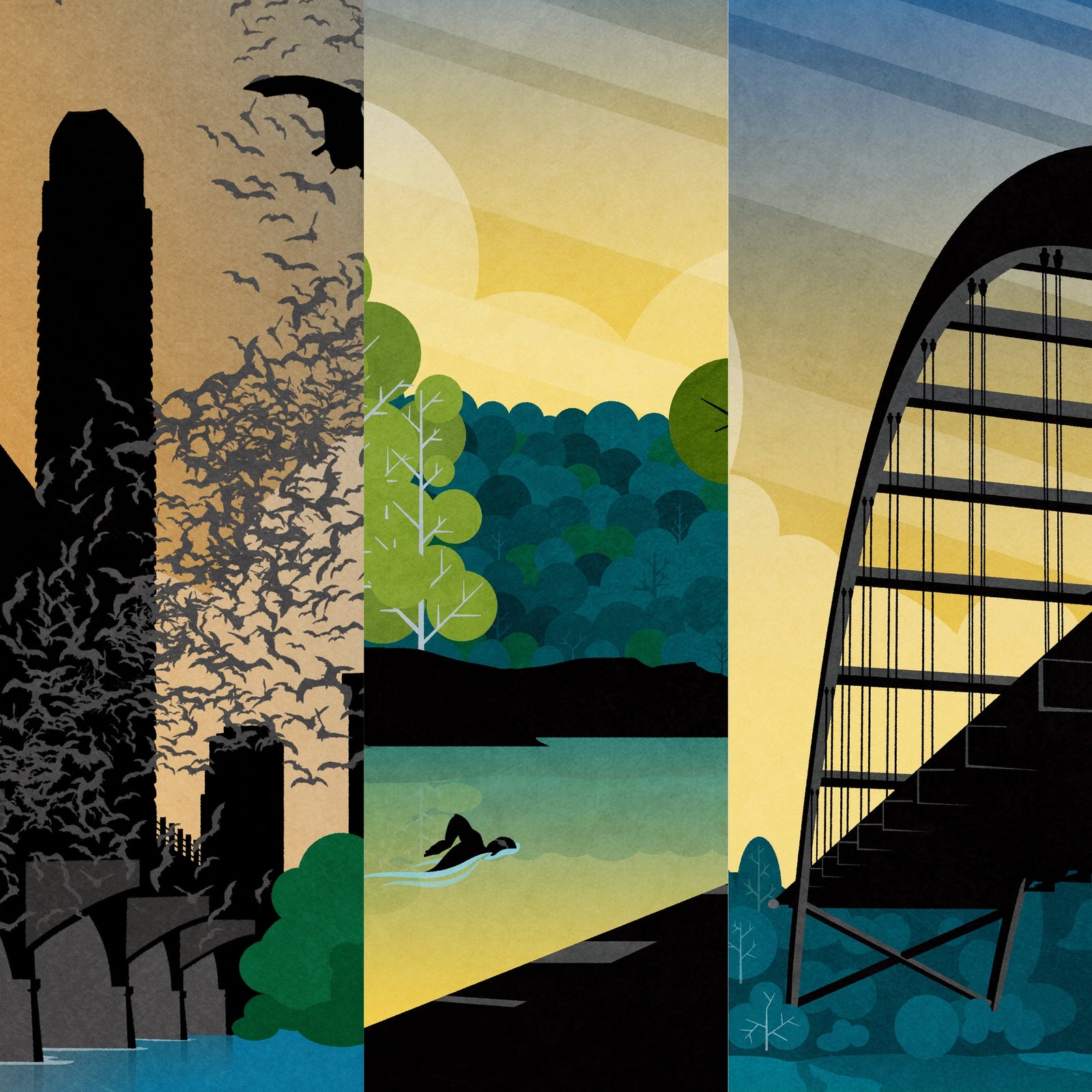 Austin Gallery Set of 3 framed above couch featuring Barton Springs, Congress Avenue Bats and Pennybacker Bridge posters