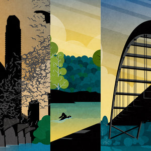 Close-up detail of Austin Gallery Set featuring Barton Springs, Congress Avenue Bats and Pennybacker Bridge artwork