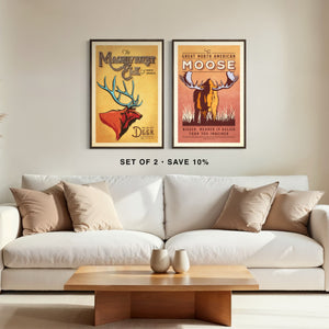 Elk and Moose vintage wildlife wall art set of two framed above a couch