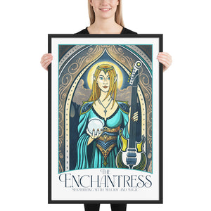 Product mockup of Giclée art print of an Elven Enchantress under an ornate arch, holding a crystal ball and electric guitar. With rich colors, magical hues, and intricate typography, it includes the title “The Enchantress” and tagline “Mesmerizing with Melody and Magic.”