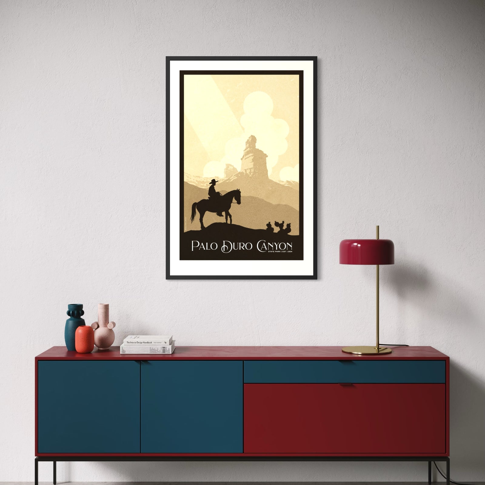 Vintage-inspired poster of a lone cowboy on horseback riding through Palo Duro Canyon with the iconic Lighthouse rock formation rising in the distance beneath dramatic sunbeams, rendered in warm sepia tones with bold silhouettes and Art Deco styling.