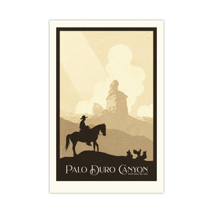 Unframed Palo Duro Canyon cowboy art print featuring a lone horseback rider traveling through Palo Duro Canyon toward the iconic Lighthouse formation.