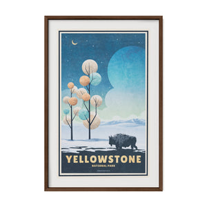 Yellowstone National Park winter bison poster displayed in a walnut frame.