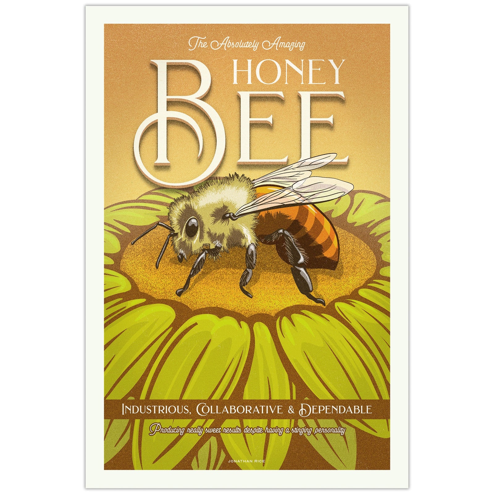 Vintage-inspired Honey Bee poster by Jonathan Rice featuring illustrated bee on sunflower