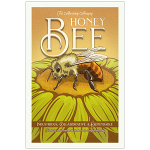 Vintage-inspired Honey Bee poster by Jonathan Rice featuring illustrated bee on sunflower