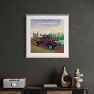 Framed vintage 1938 Chevy Stakebed Truck wall art displayed in an office