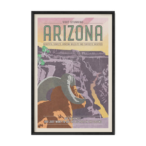 Grand Canyon vintage travel poster with bighorn sheep and Arizona canyon landscape in a black frame.