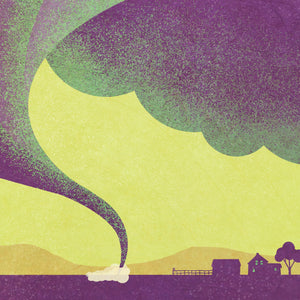 Detail of Oklahoma tornado poster showing distressed textures, sweeping storm clouds, rural farmhouse, and bold vintage typography.