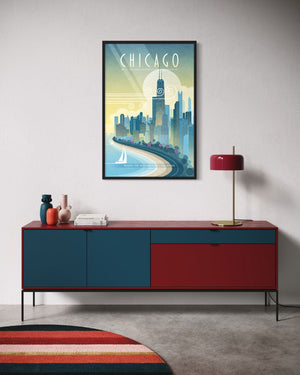 Framed Chicago skyline poster above modern credenza with red and blue cabinetry