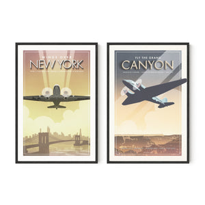 DC-3 New York City and Grand Canyon aviation wall art set in black frames