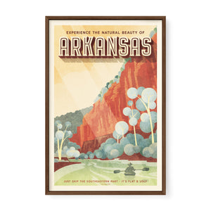 Walnut framed poster of Arkansas with a scenic landscape and text.