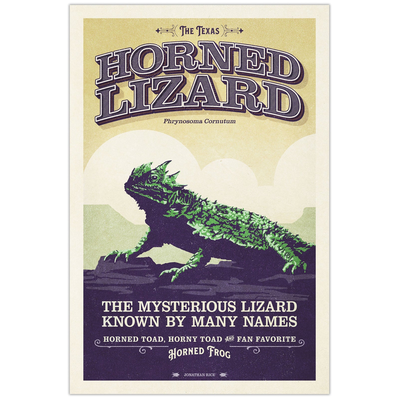 Texas Horned Lizard poster by Jonathan Rice featuring vintage-inspired typography and stylized reptile illustration