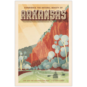 Vintage-inspired Arkansas travel poster featuring towering Ozark bluffs above a peaceful river with a lone canoe.