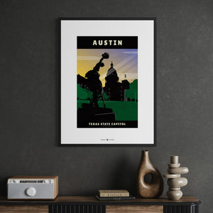 Austin Texas State Capitol poster framed in an office
