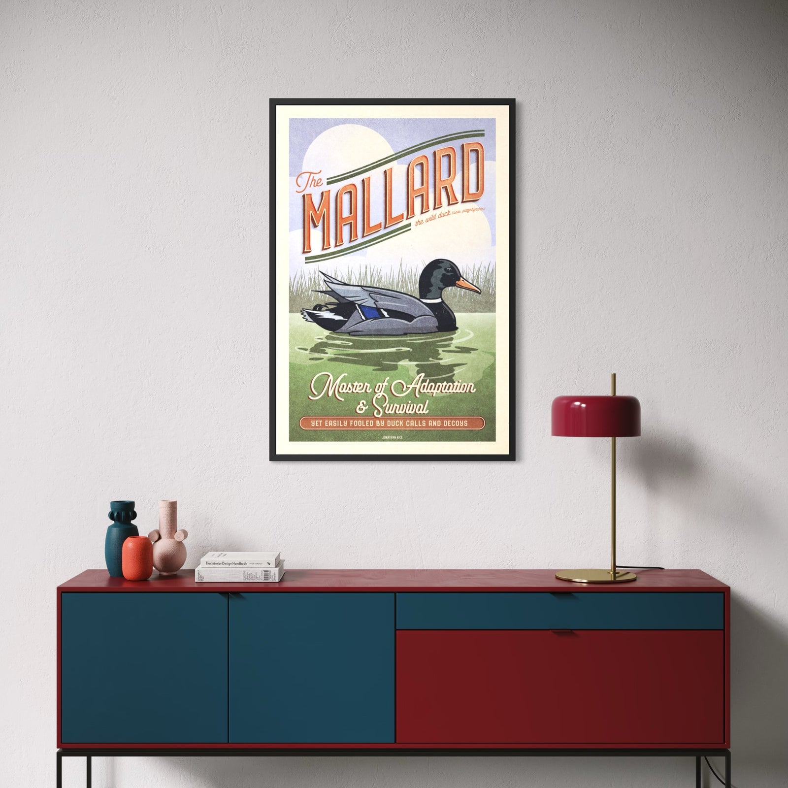 Vintage-style illustrated Mallard duck poster featuring a swimming drake with the humorous slogan "Master of Adaptation & Survival... Yet Easily Fooled by Duck Calls and Decoys."