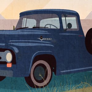 Close-up detail of the 1956 Ford F-100 illustration highlighting the classic grille, vintage styling, and textured artwork.