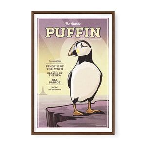 Atlantic Puffin vintage coastal bird artwork in walnut wood frame