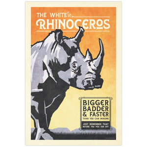 Vintage White Rhinoceros poster with bold graphic wildlife illustration and retro typography