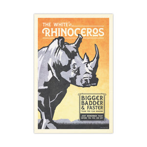 Framed White Rhinoceros poster displayed in a modern office