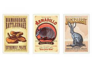 Set of three vintage-style animal posters featuring a diamondback rattlesnake, armadillo, and jackrabbit illustrated in warm Western colors