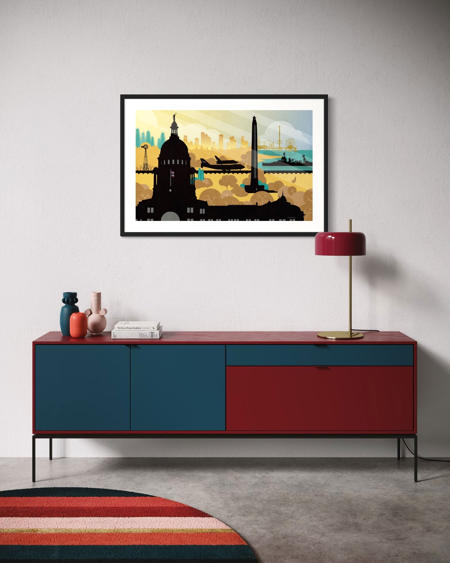 Lone Star Legacy Texas landmarks poster vintage style montage featuring capitol building, skyline, and coastal elements