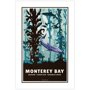 Alt Tags
Monterey Bay California travel poster featuring shark, fish and underwater kelp forest