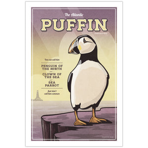 Atlantic Puffin vintage wildlife poster featuring humorous coastal bird illustration