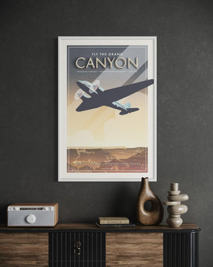 4. Grand Canyon travel poster with historic aircraft silhouette white frame office mockup