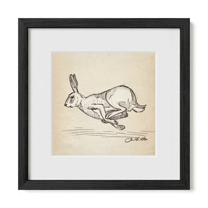 Running Rabbit sketch art print in black frame with matte