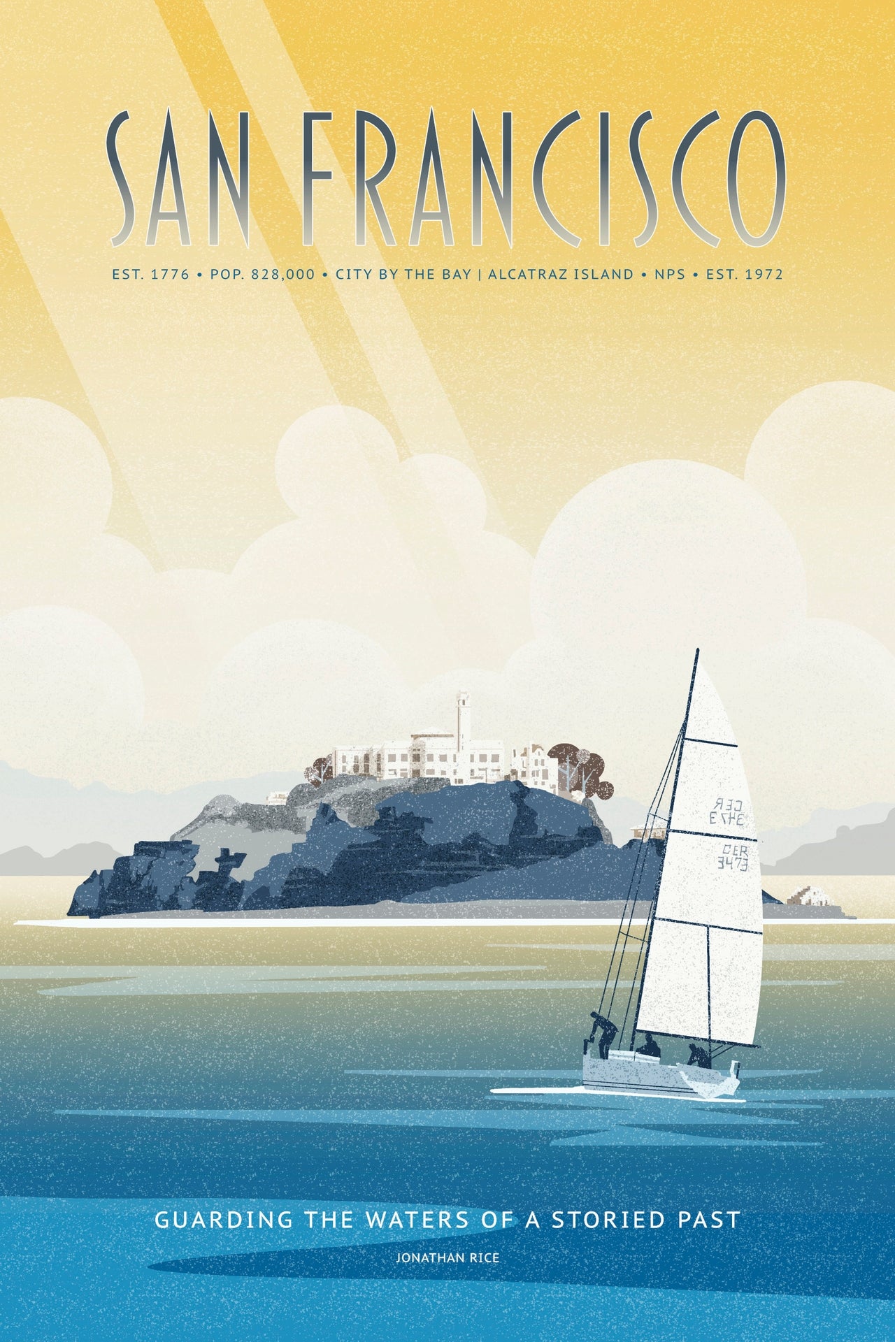 8. San Francisco Alcatraz fine art travel poster, unframed vertical artwork by Jonathan Rice