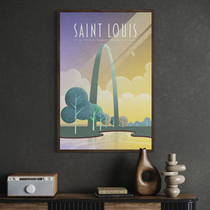 Framed Saint Louis Gateway Arch poster displayed in a modern office