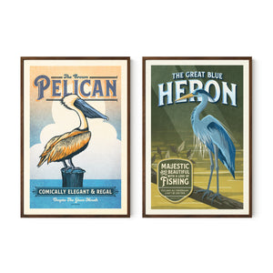 Brown Pelican and Blue Heron gallery set in walnut frames