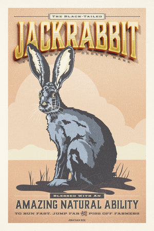 Vintage-style poster of a jackrabbit with text on a beige background from the Creatures of Character animal illustration series