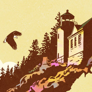 Detail of Modern, minimalist giclée art print for Acadia National Park in Maine. This simple and classy poster depicts the historic Bass Harbor Head Light Station—with a Bald Eagle flying overhead. It has the words “Acadia National Park, Maine”  at the bottom. The print’s muted overall background color allows the bold and vibrant colors of the main image to pop. 