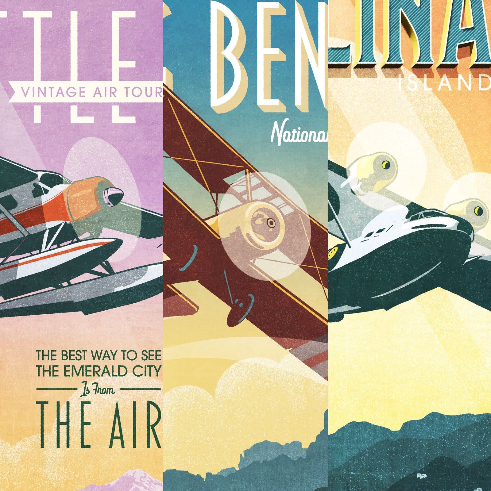 Mid century aviation wall art set of three in black frames above a sofa featuring vintage Seattle, Big Bend, and Catalina Island airplane posters