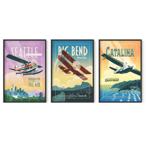 Framed aviation poster set of three in black wood frames featuring Seattle seaplane, Big Bend biplane, and Catalina Island retro airplane wall art