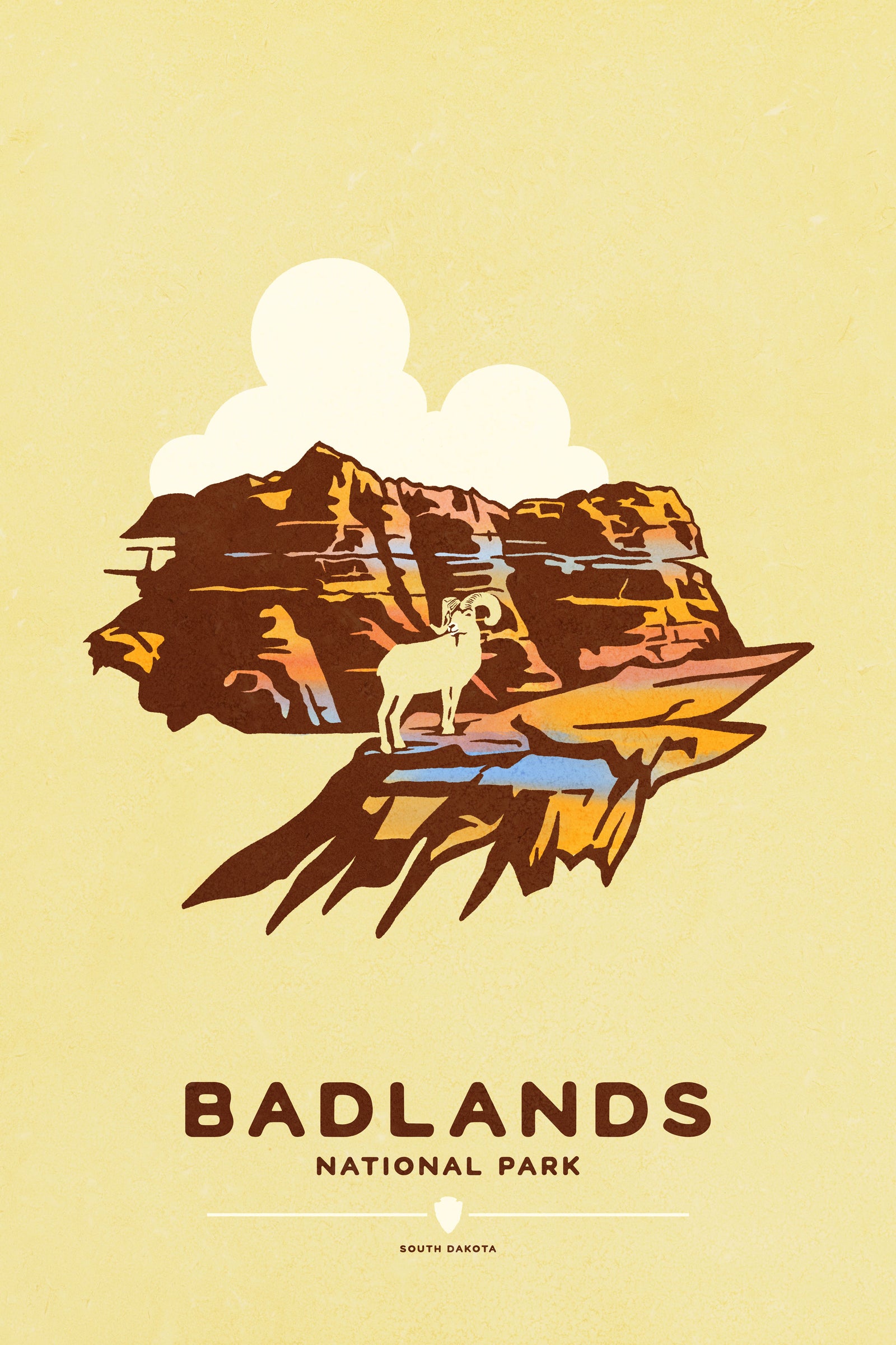 Modern, minimalist giclée art print for Badlands National Park in South Dakota. This simple and classy poster depicts a Bighorn sheep standing on top of one of the many unique geological formations that can be found throughout the park. It has the words “Badlands National Park, South Dakota”  at the bottom. The print’s muted overall background color allows the bold and vibrant colors of the main image to pop. 