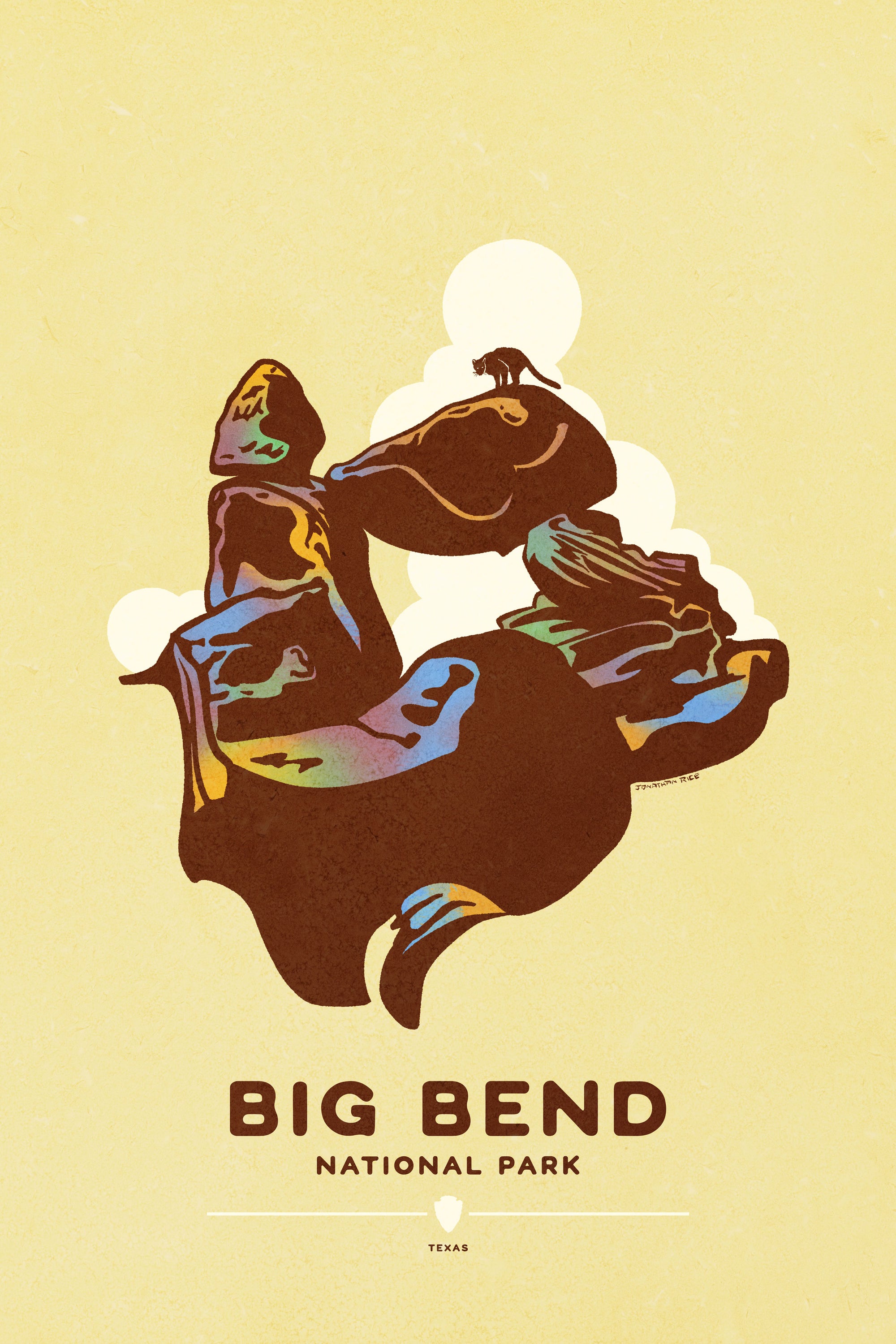 Modern, minimalist giclée art print for Big Bend National Park in Texas. This simple and classy poster depicts a Balanced Rock in Big Bend with a Mountain Lion perched on top. It has the words “Big Bend National Park, Texas” at the bottom. The print’s muted overall background color allows the bold and vibrant colors of the main image to pop. 